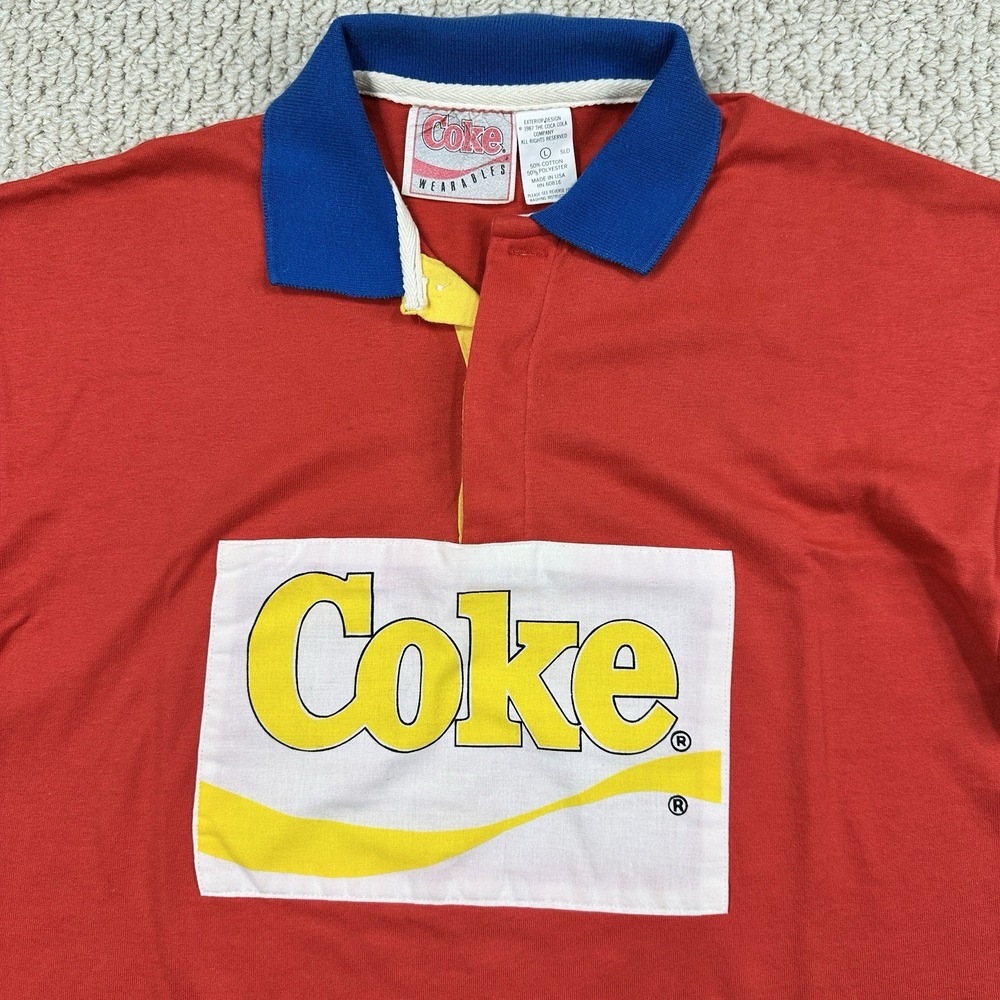 Vtg 80s Coca Cola Rugby Polo Shirt Mens L Coke Wearables 50/50 Logo Made in USA - Picture 10 of 14